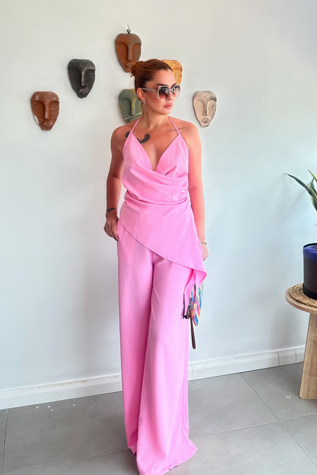 Pembe Kruvaze Asimetrik Bluz Pantolon Takım