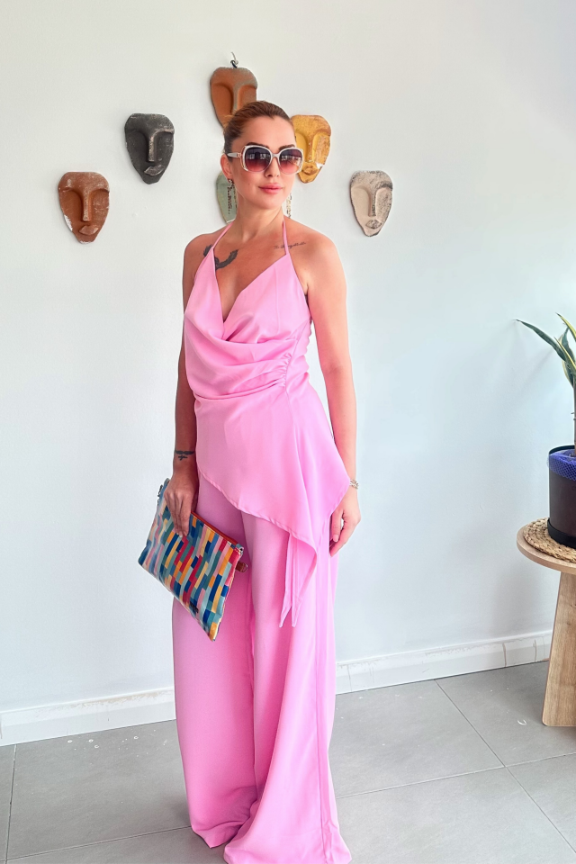 Pembe Kruvaze Asimetrik Bluz Pantolon Takım