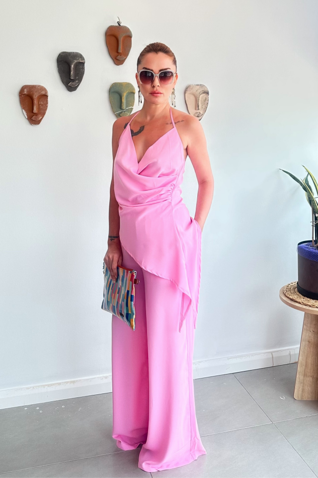Pembe Kruvaze Asimetrik Bluz Pantolon Takım