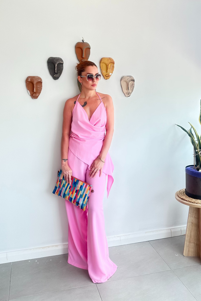 Pembe Kruvaze Asimetrik Bluz Pantolon Takım