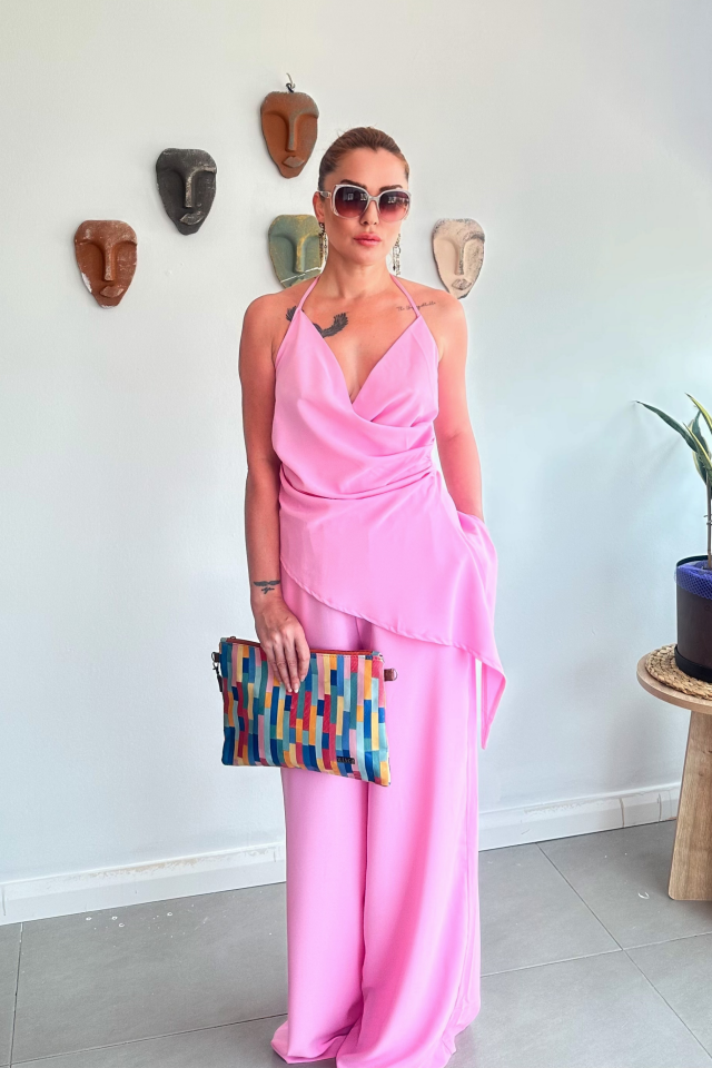 Pembe Kruvaze Asimetrik Bluz Pantolon Takım
