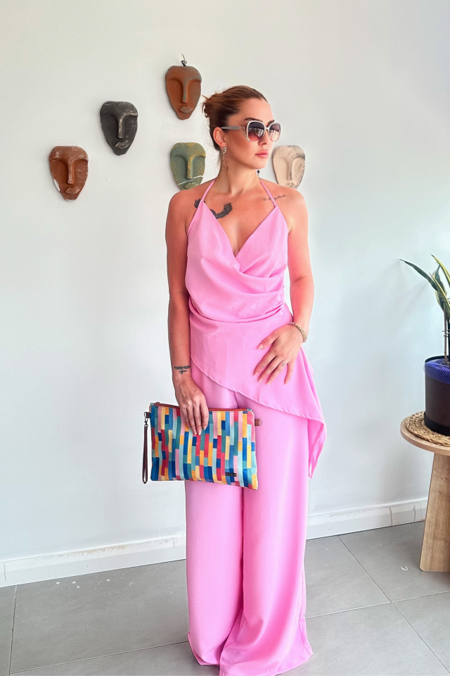 Pembe Kruvaze Asimetrik Bluz Pantolon Takım