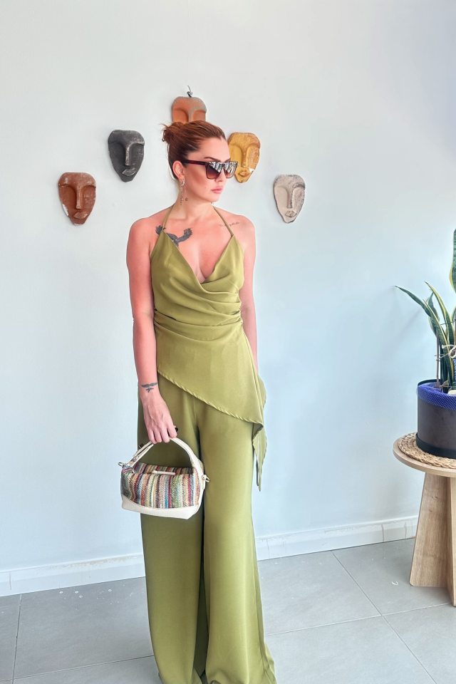 Fıstık Yeşili Kruvaze Asimetrik Bluz Pantolon Takım