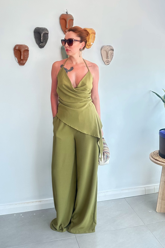 Fıstık Yeşili Kruvaze Asimetrik Bluz Pantolon Takım