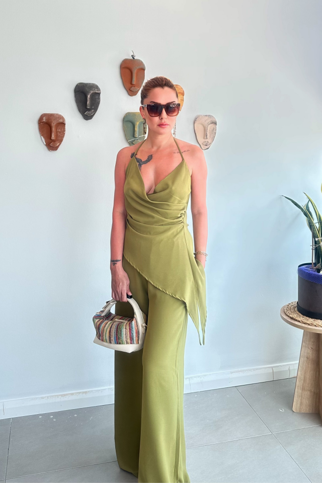 Fıstık Yeşili Kruvaze Asimetrik Bluz Pantolon Takım