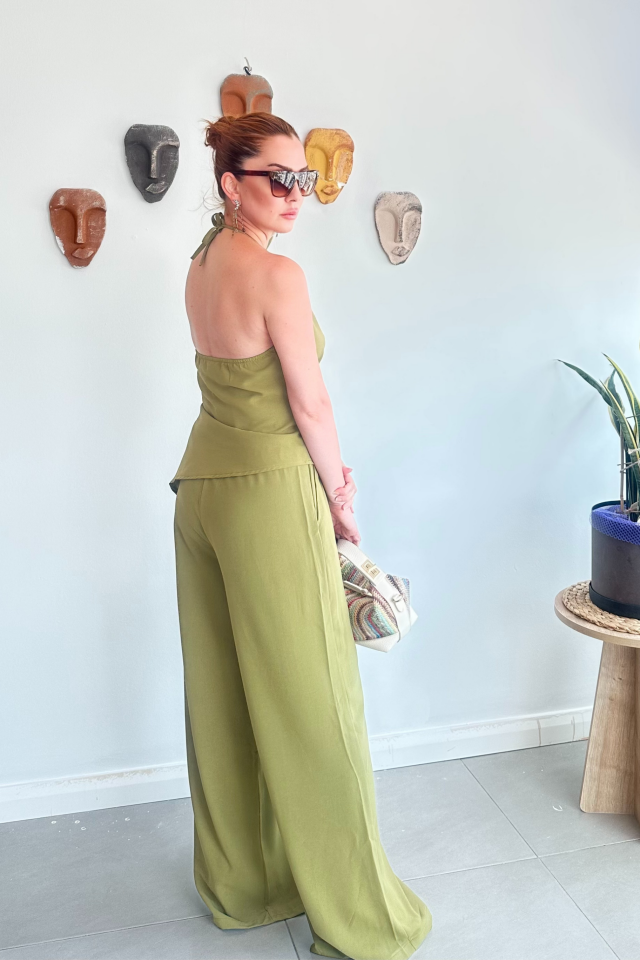 Fıstık Yeşili Kruvaze Asimetrik Bluz Pantolon Takım