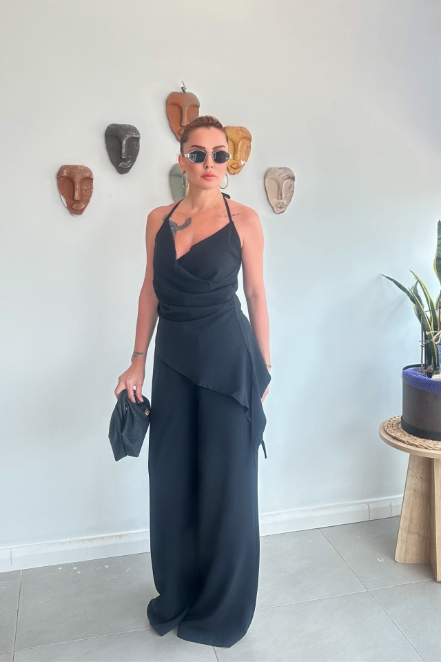 Siyah Kruvaze Asimetrik Bluz pantolon Takım