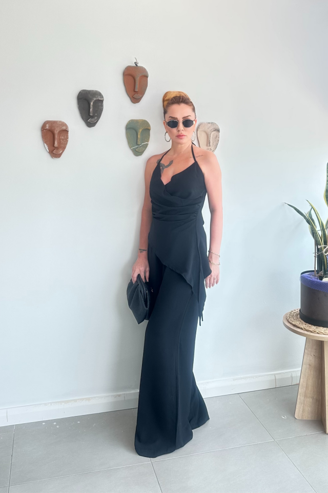 Siyah Kruvaze Asimetrik Bluz pantolon Takım