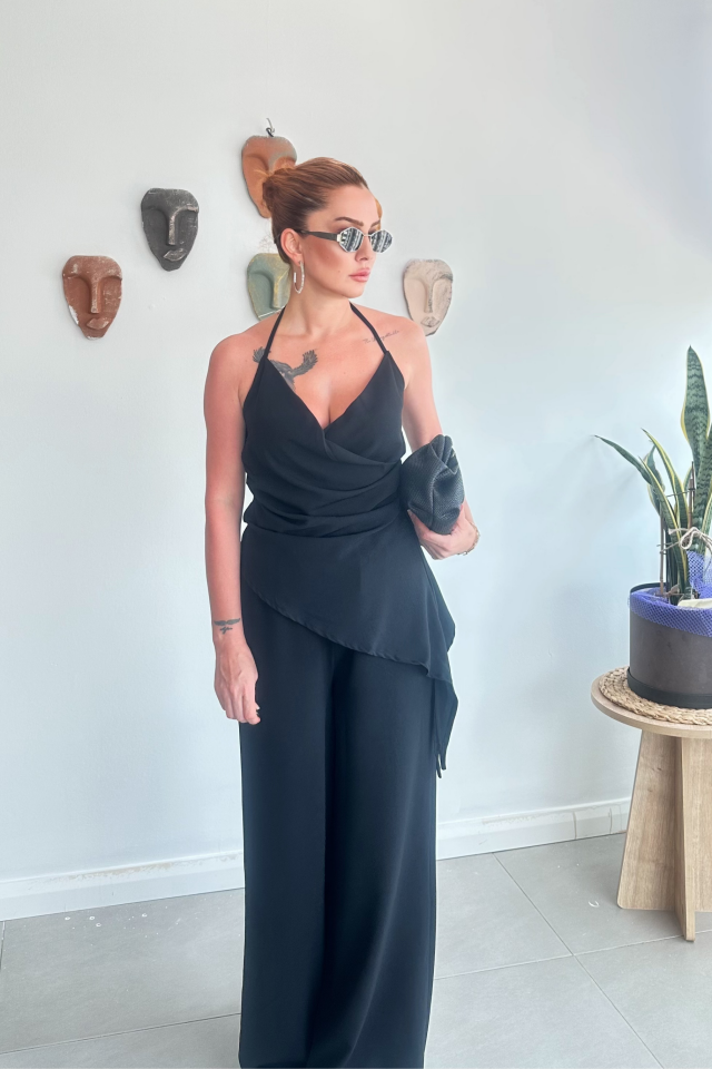 Siyah Kruvaze Asimetrik Bluz pantolon Takım