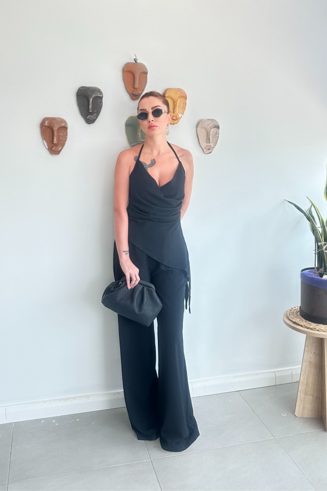 Siyah Kruvaze Asimetrik Bluz pantolon Takım