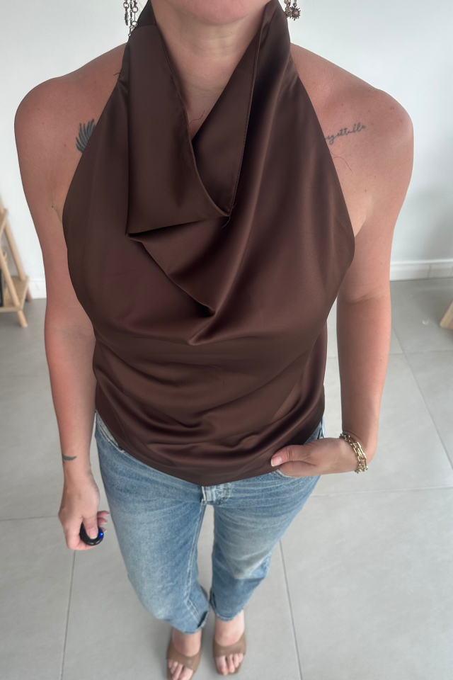 Halter Yaka Kahve Saten Bluz
