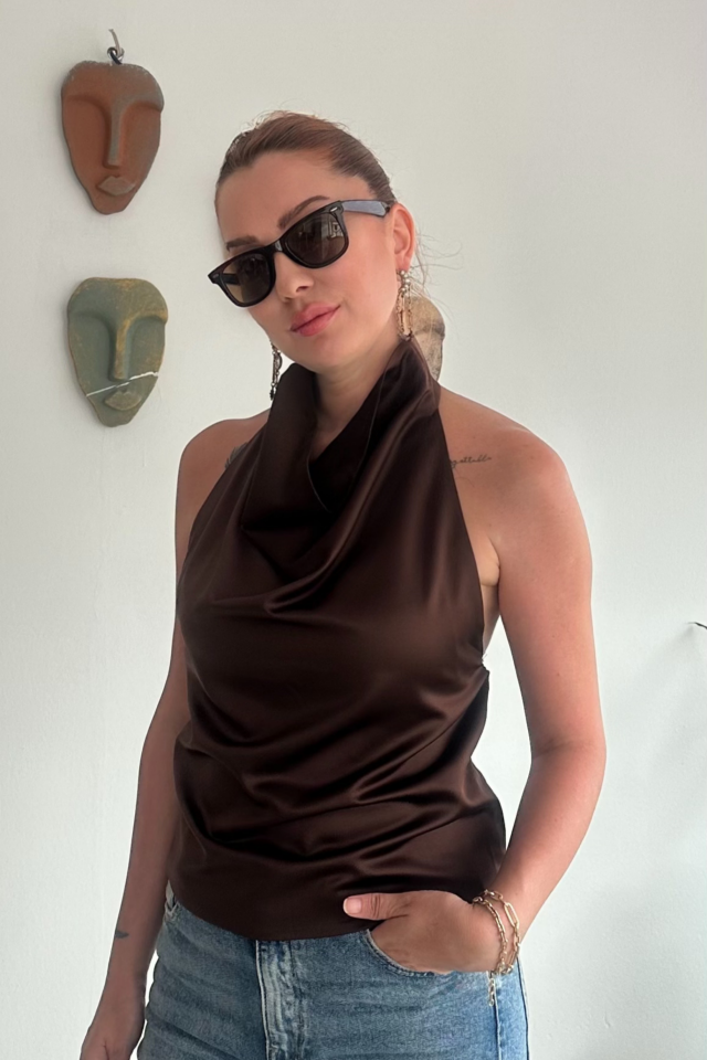 Halter Yaka Kahve Saten Bluz