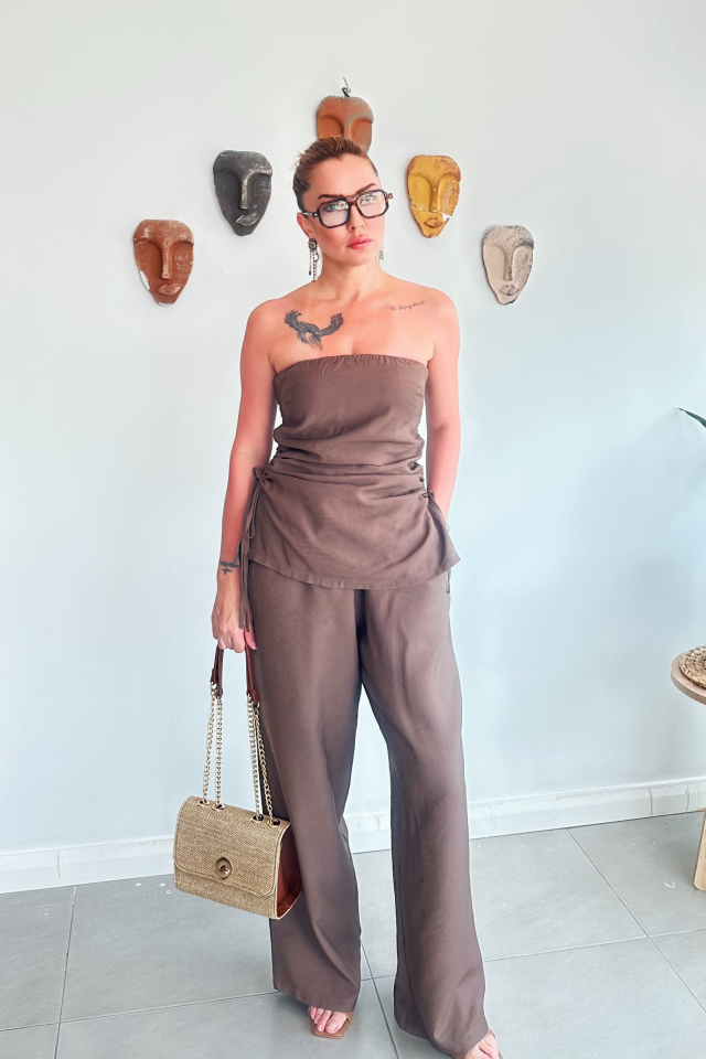 Kahve Rengi Straplez Büzgülü Takım