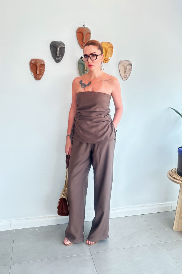 Kahve Rengi Straplez Büzgülü Takım