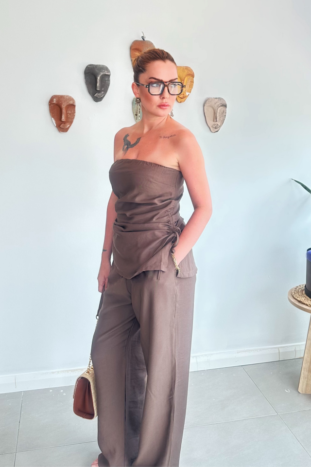 Kahve Rengi Straplez Büzgülü Takım