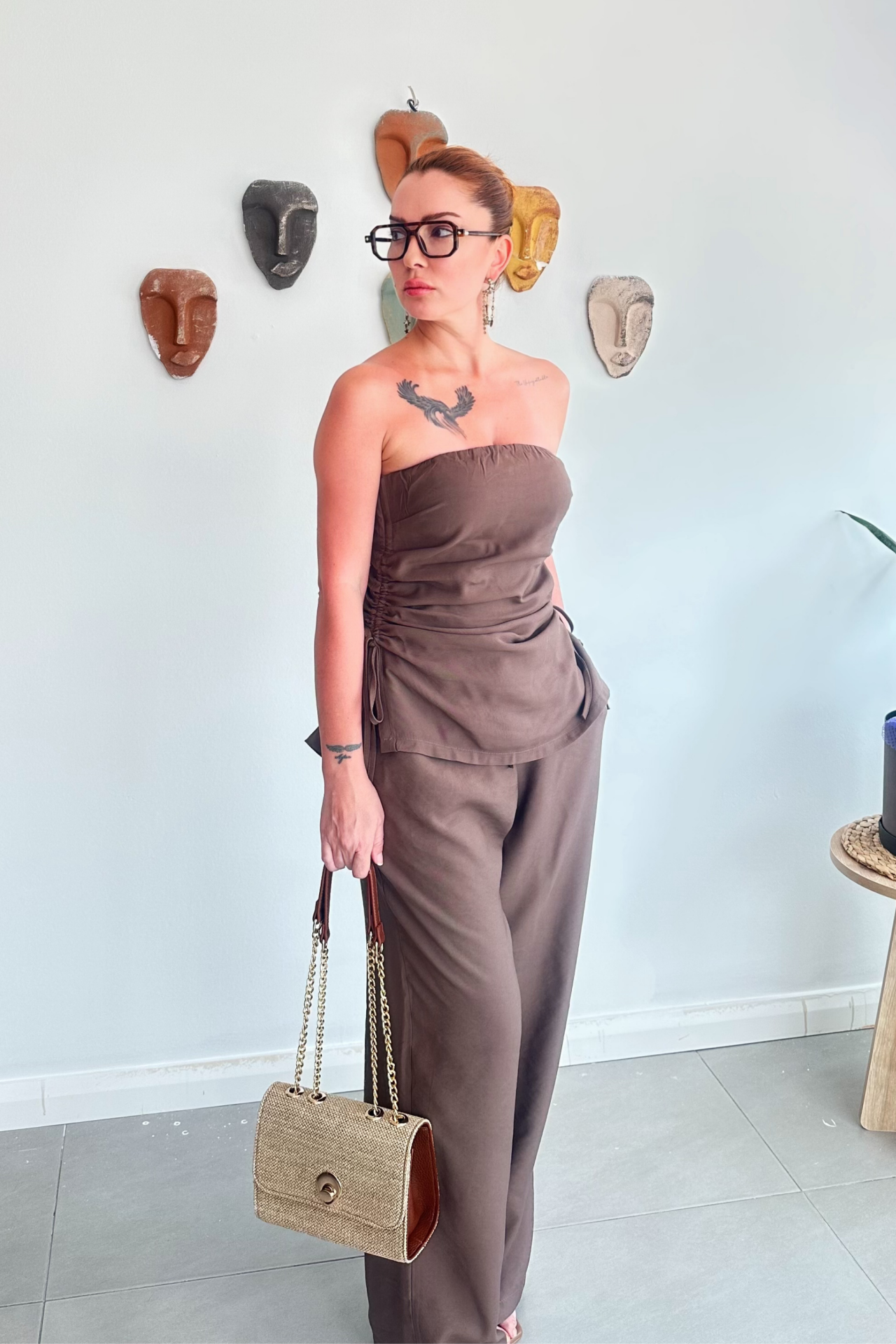 Kahve Rengi Straplez Büzgülü Takım