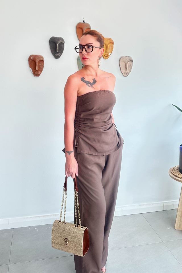 Kahve Rengi Straplez Büzgülü Takım