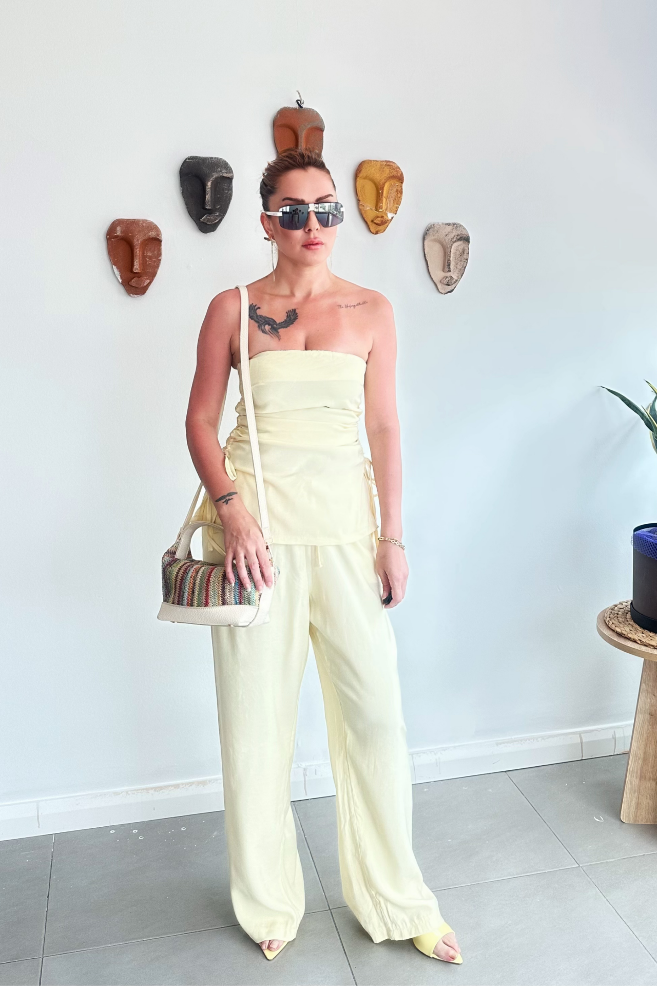 Sarı Straplez Büzgülü Pantolon Takım