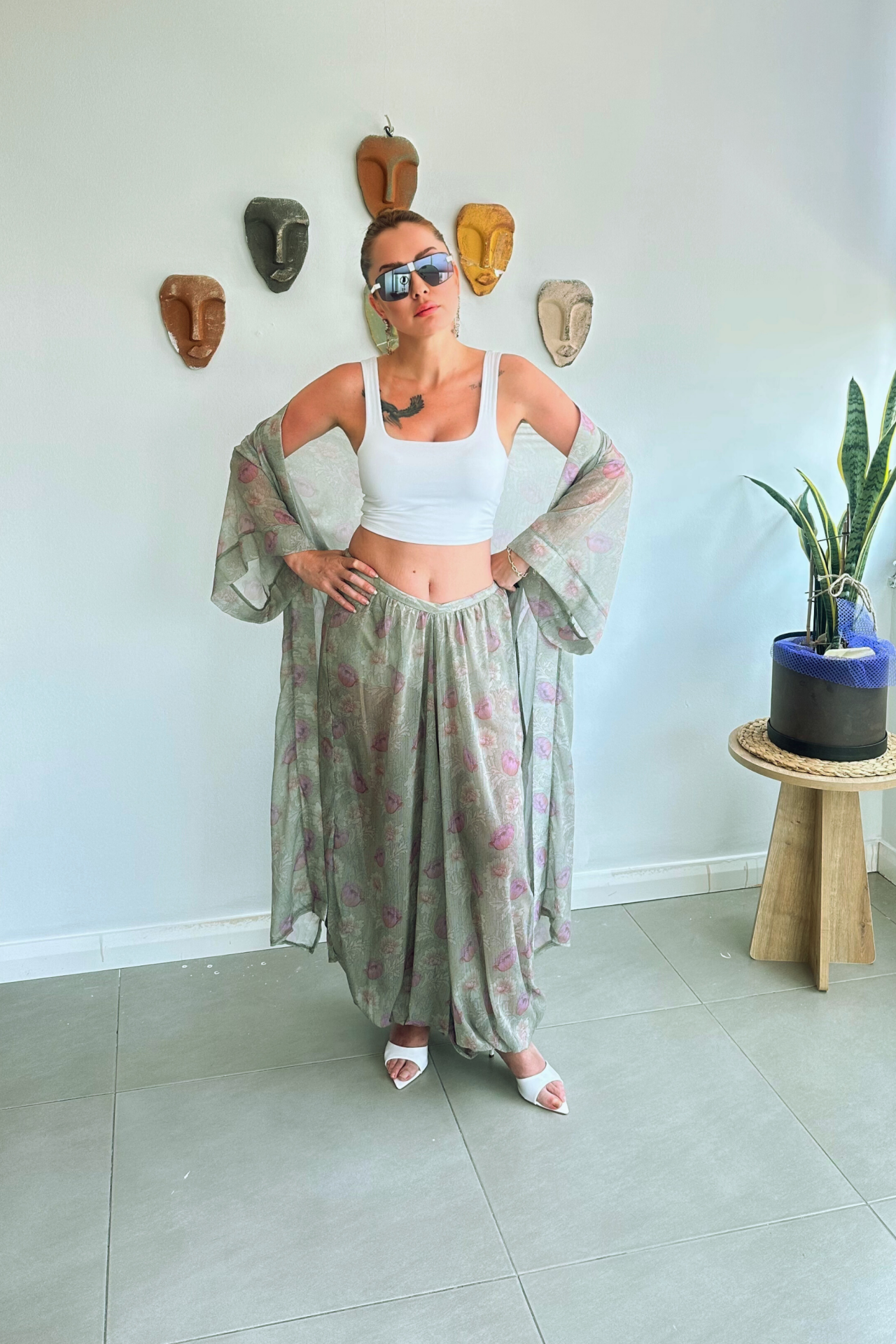 Tül Şalvar Pantolon Kimono Takım