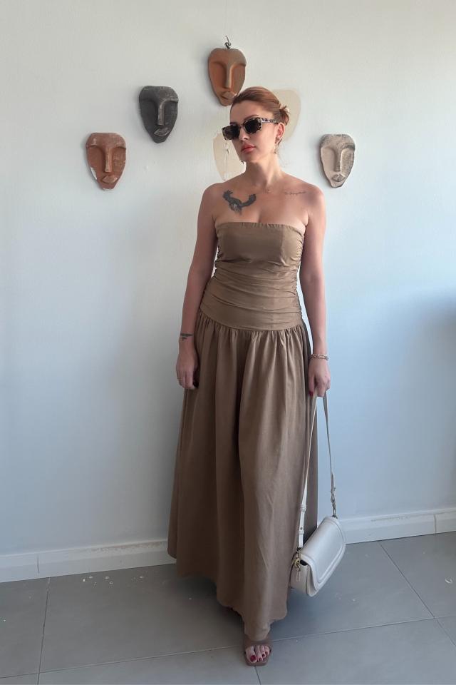 Vizon Büzgülü Straplez Elbise