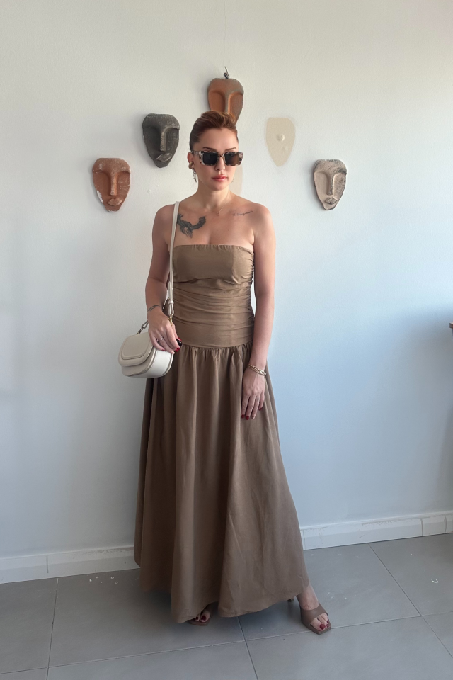 Vizon Büzgülü Straplez Elbise