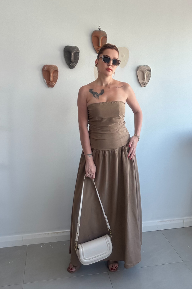 Vizon Büzgülü Straplez Elbise