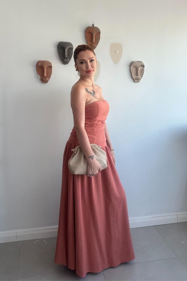 Kiremit Büzgülü Straplez Elbise