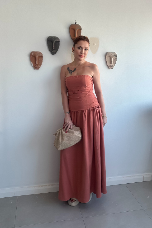 Kiremit Büzgülü Straplez Elbise