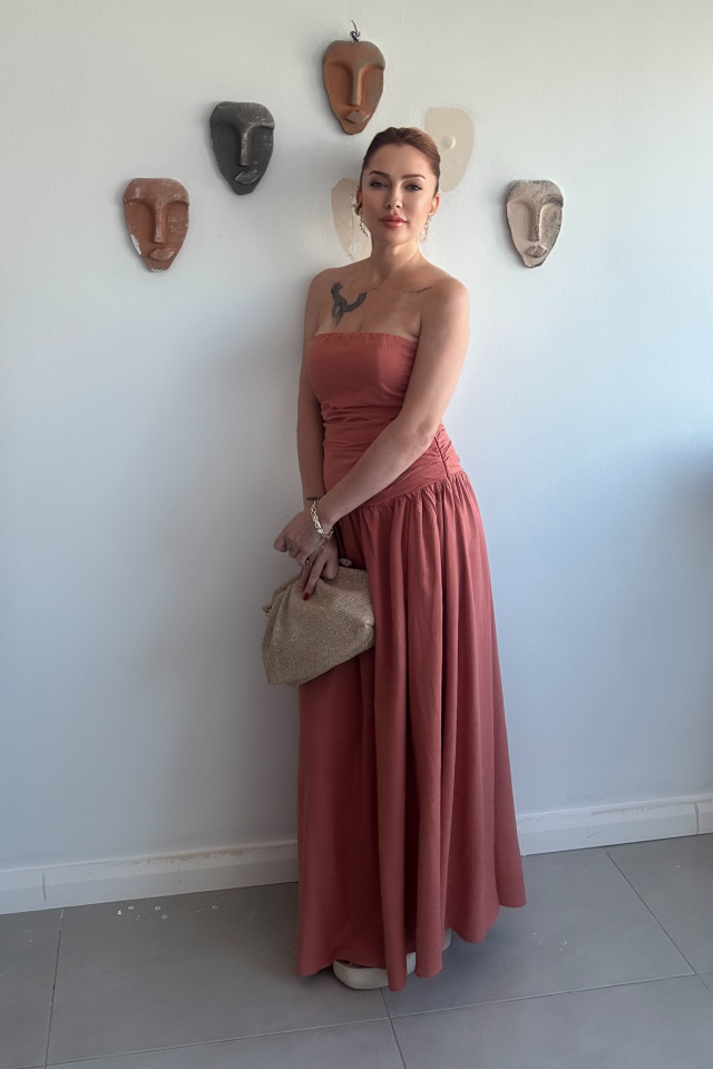 Kiremit Büzgülü Straplez Elbise