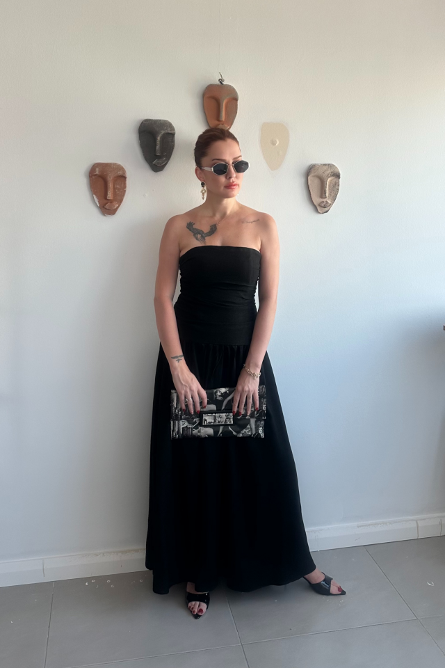 Siyah Büzgülü Straplez Elbise