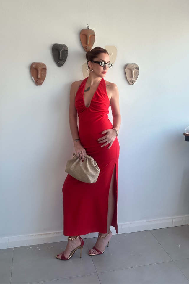 Kırmızı Boyundan Bağlamalı Dekolte Elbise