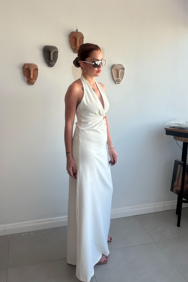 Ekru Dekolteli Uzun Maxi elbise