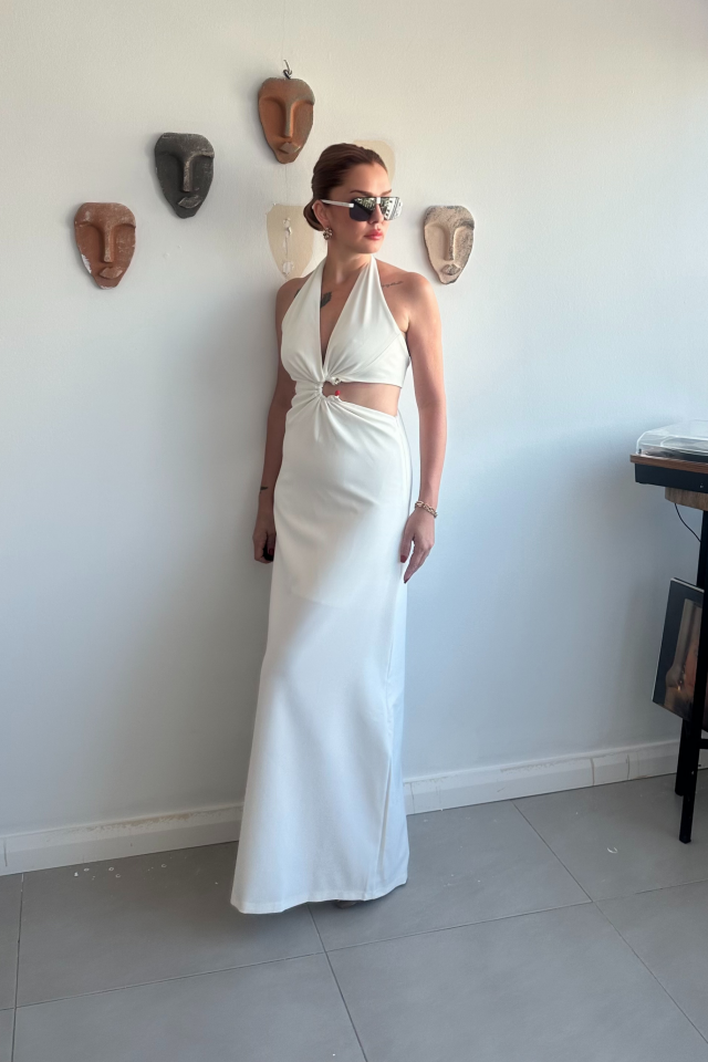 Ekru Dekolteli Uzun Maxi elbise