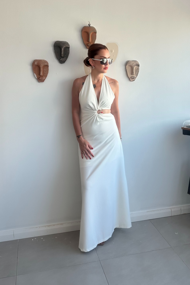Ekru Dekolteli Uzun Maxi elbise