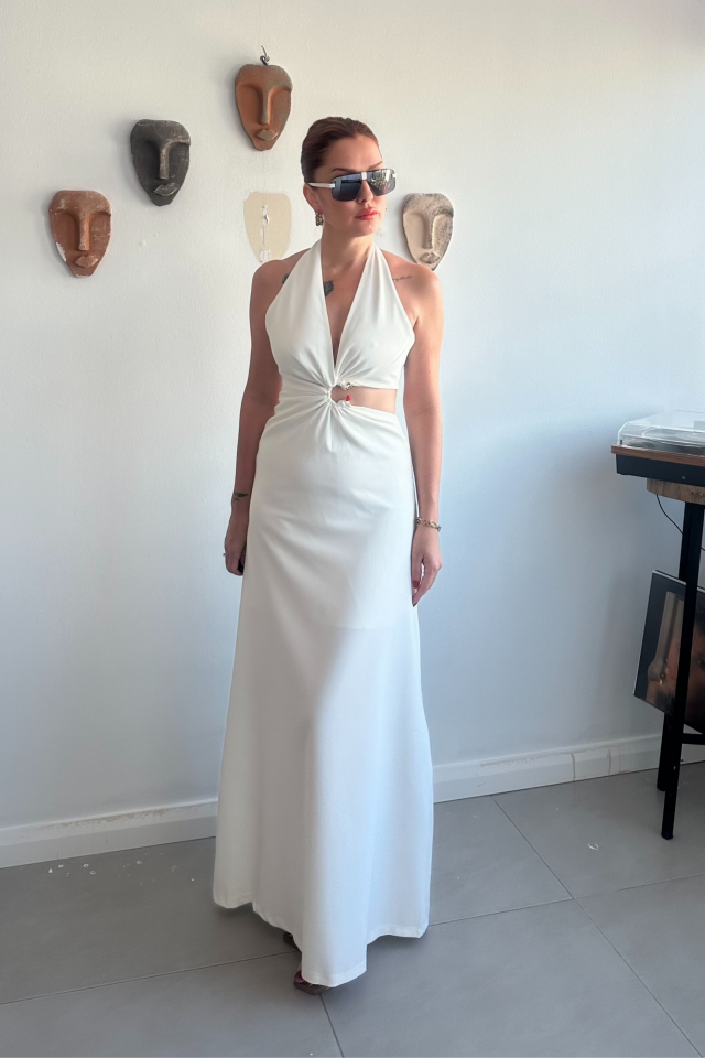 Ekru Dekolteli Uzun Maxi elbise