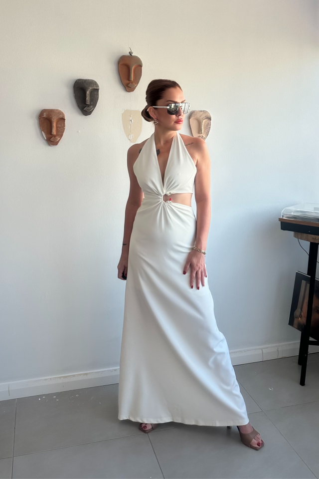 Ekru Dekolteli Uzun Maxi elbise