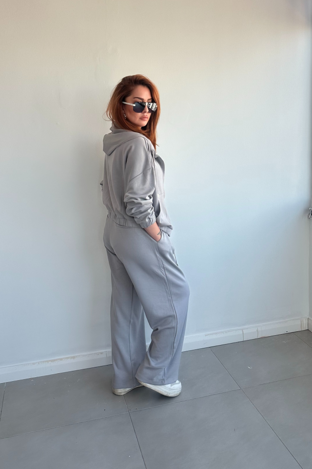 Gri Orjinal Marka Kapşonlu Eşofman Takım