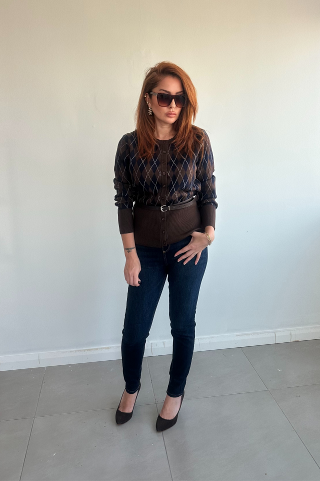 Kemerli Baklava Desenli Kazak