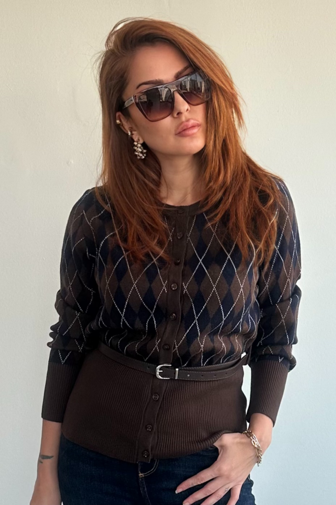 Kemerli Baklava Desenli Kazak