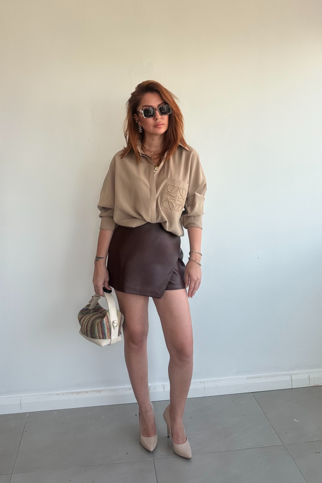 Kahverengi Deri Şort Etek