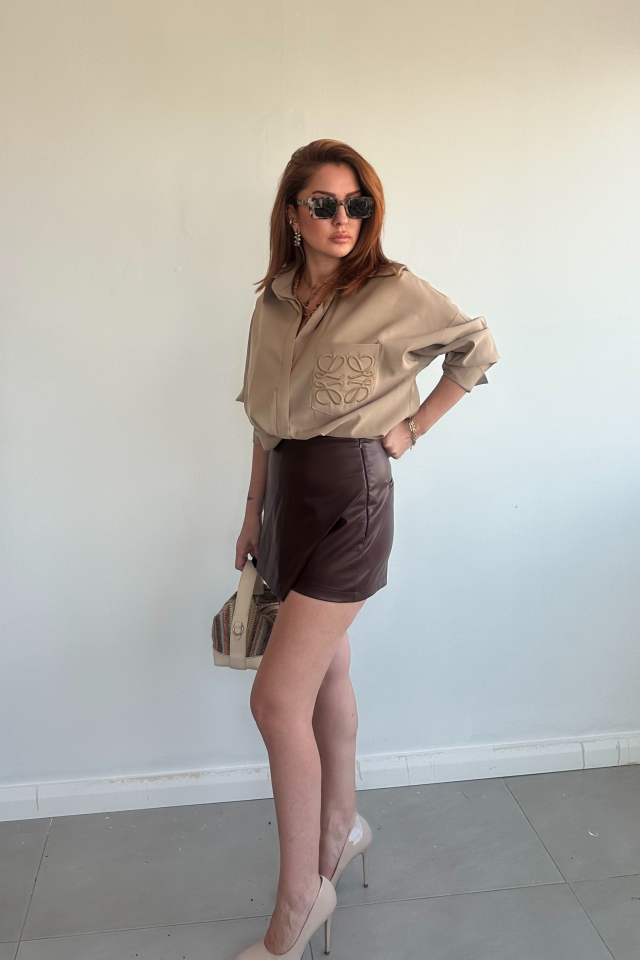 Kahverengi Deri Şort Etek