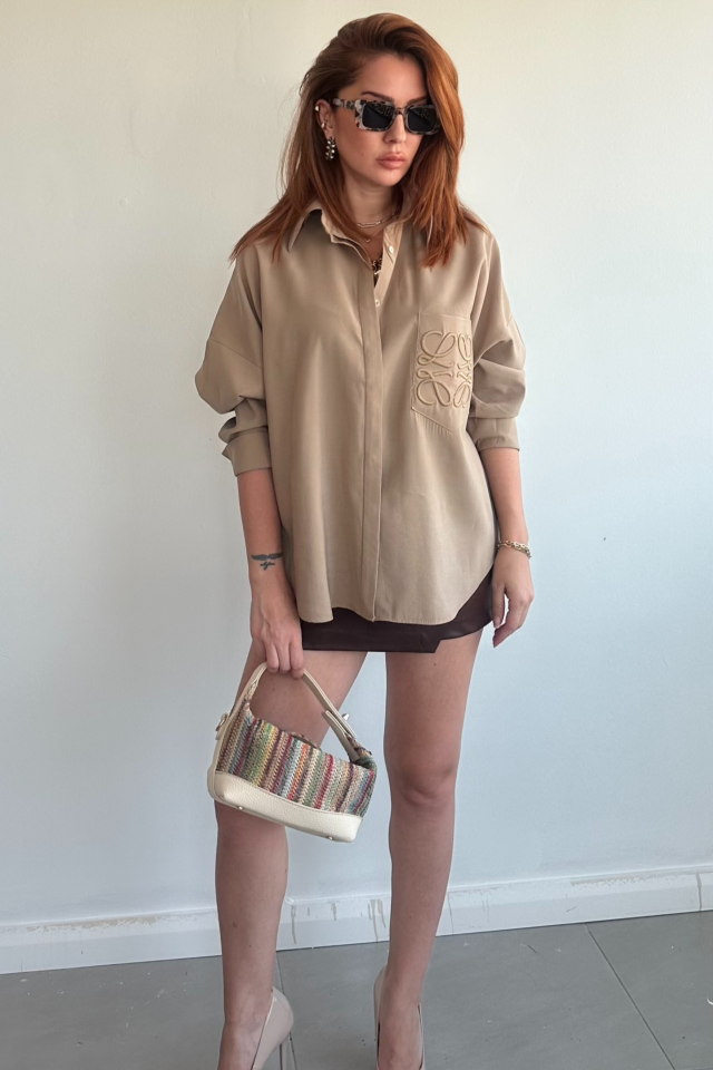 Bej Cep Nakışlı Gömlek