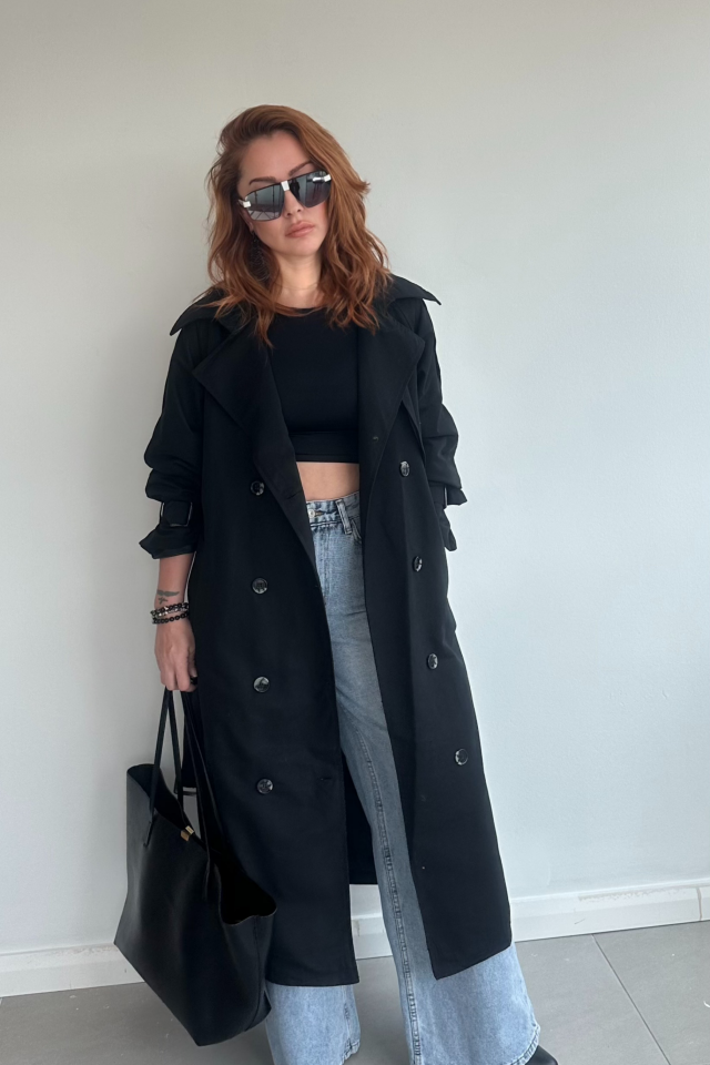 Siyah Uzun Trenchcoat