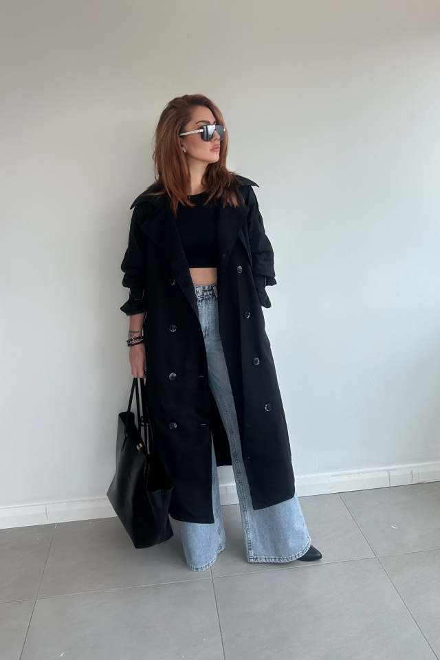 Siyah Uzun Trenchcoat