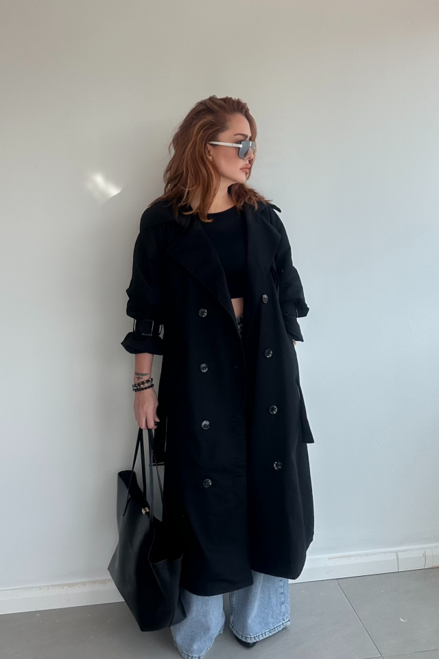 Siyah Uzun Trenchcoat
