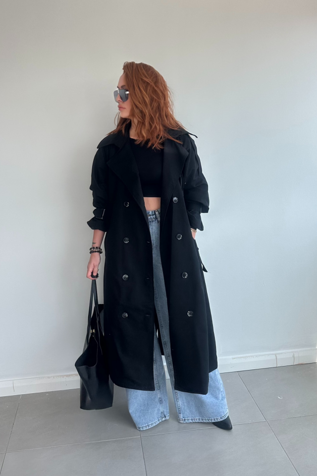 Siyah Uzun Trenchcoat
