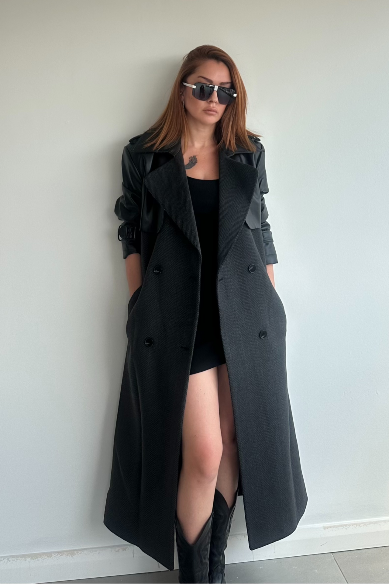 Deri Kol Detaylı Uzun Kaban