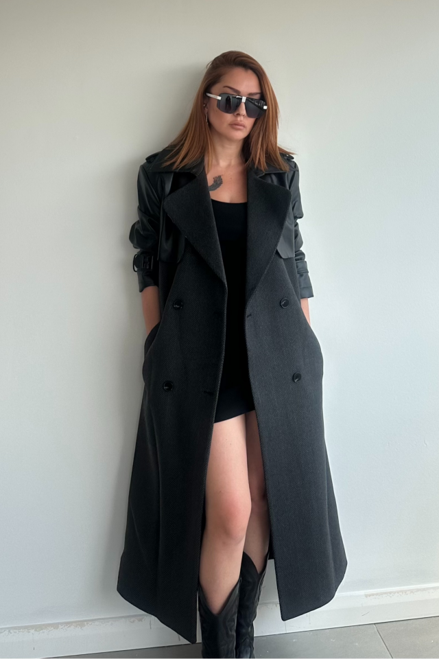 Deri Kol Detaylı Uzun Kaban