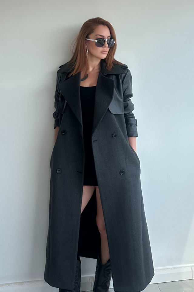 Deri Kol Detaylı Uzun Kaban