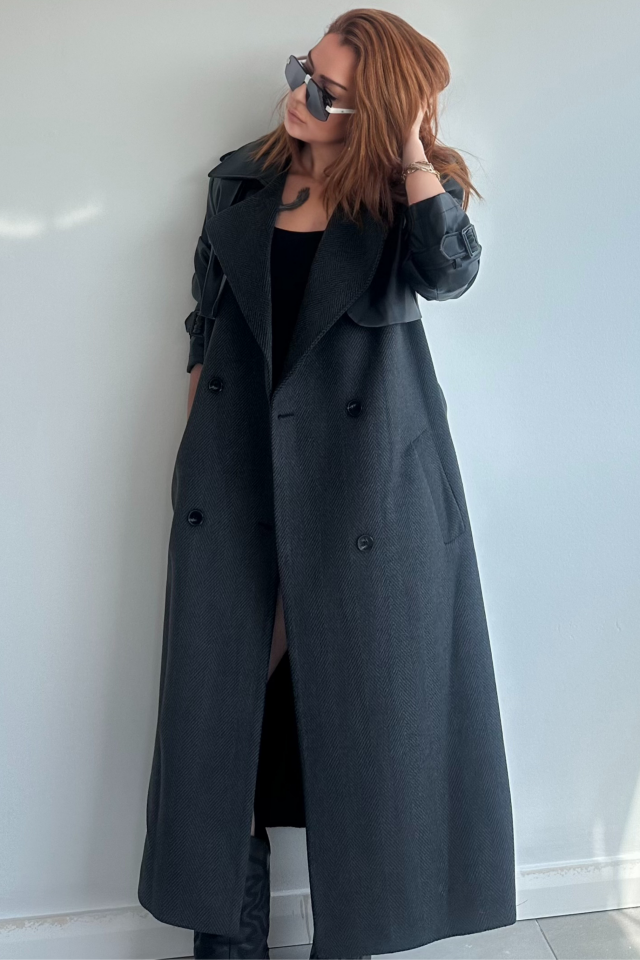 Deri Kol Detaylı Uzun Kaban